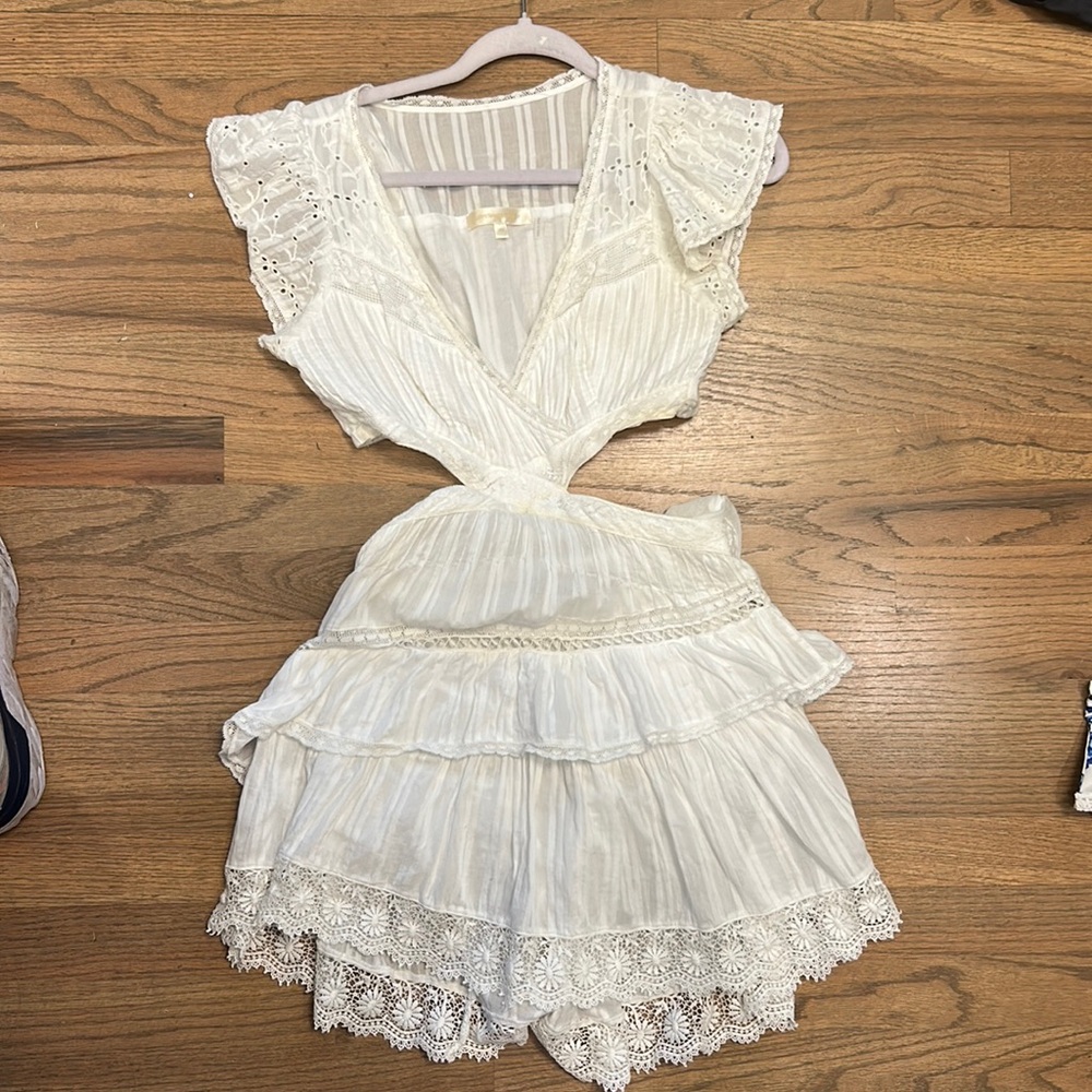 Love shack fancy white mini dress with side cut outs. SIZE XS.